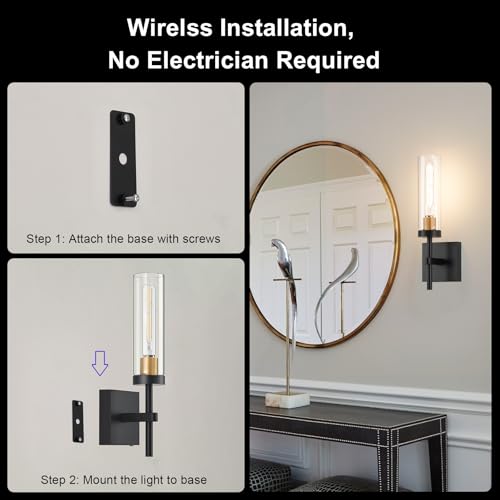 SANTOSTOCK Black Gold & Clear Glass Wireless Wall Sconces Set of 2 - Rechargeable Dimmable Battery-Powered LED Lights for Bedroom Living Room Bathroom Hallway 16 Inch