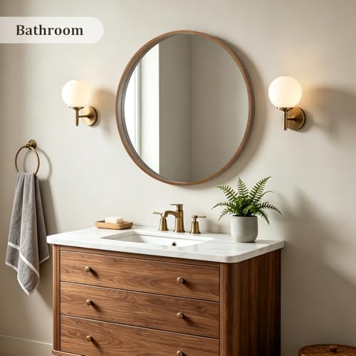 Round Wood Mirror 28 Inch Wall Decor Rustic Farmhouse Walnut Frame