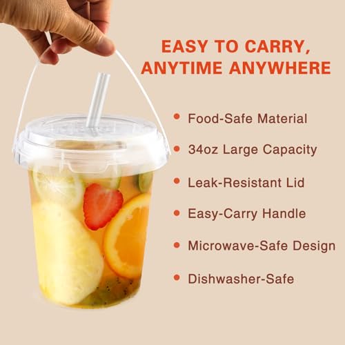 100 Pack 34oz Disposable Coffee Cups with Lids, Straws & Handles - Hot & Cold Drinks