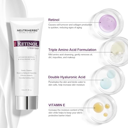 Neutriherbs PRO Retinol Face Wash, Daily Facial Cleanser for Anti-Aging, Nourishing, & Moisturizing with Amino Acid Foam, Hyaluronic Acid, and Vitamin E ? 4 fl. oz.