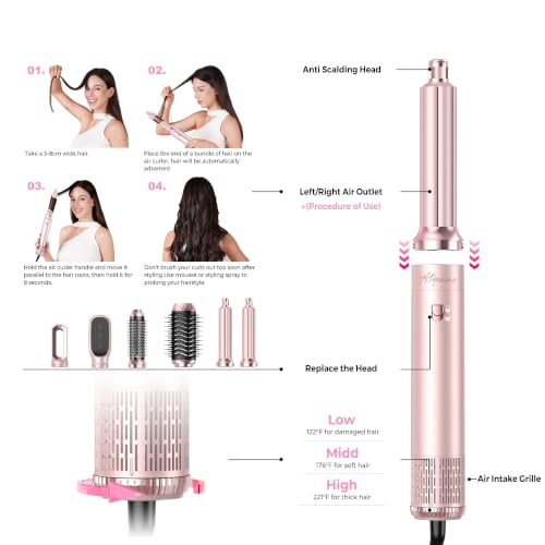 Pink 6-in-1 Blow Dryer Brush Hot Air Styler with Auto-Wrap Curlers