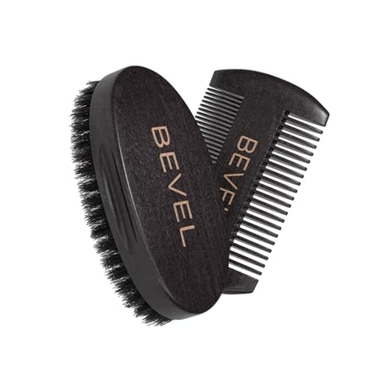 Bevel Beard Brush and Comb Set for Men ? Natural Boar Bristle Brush & Pearwood Comb with Travel Pouch ? Beard Grooming Kit for Shaping, Soften & Detangling Mustaches