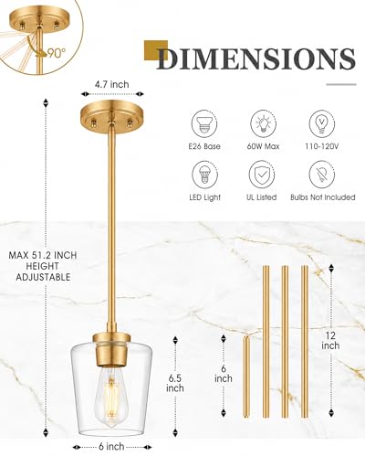 Gold Pendant Lights for Kitchen Island - Clear Glass Shade, 6 Inch - Brushed Gold Finish, 2 Pack