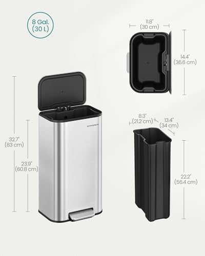 SONGMICS 8 Gallon Stainless Steel Trash Can Silver Soft Close Lid