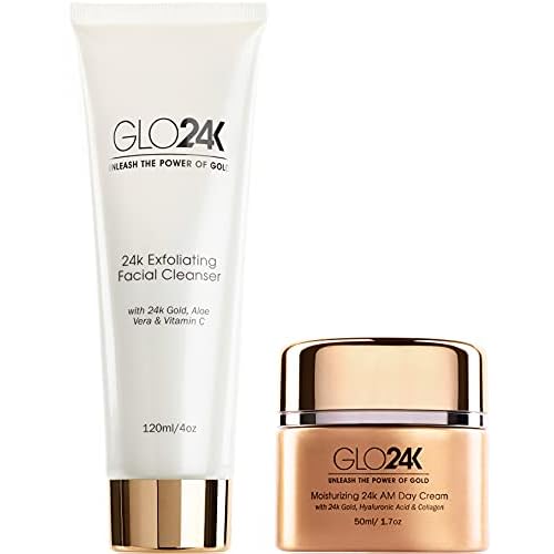 GLO24K Exfoliating Facial Cleanser & Night Cream with 24k Gold, Retinol, and Aloe Vera. Optimize your Daily Beauty Routine.