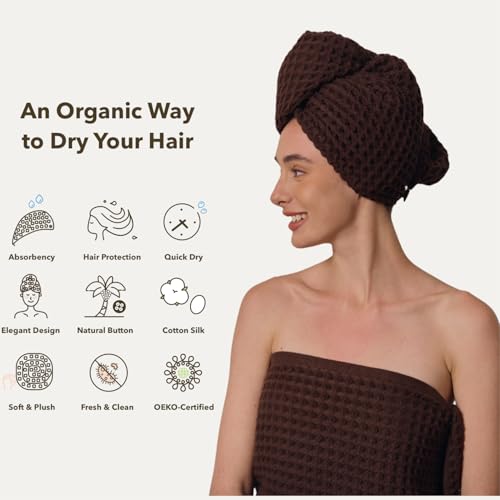 Kosmu Luxury Organic Japanese Cotton Hair Drying Waffle Towel Wrap with Button (Dark Cocoa) - Extra Large Turban for Long Curly Hair