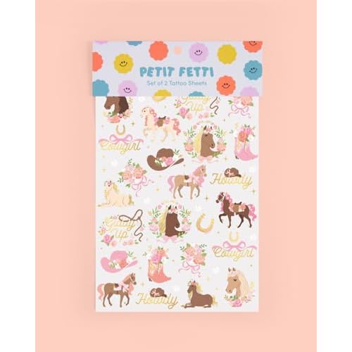 xo, Fetti Pink Horse Girl Temporary Tattoos - 52 Gold Foil Pcs | Cute Cowgirl Birthday Accessory, Pony Bachelorette Party Favor, Cute Kids Activity