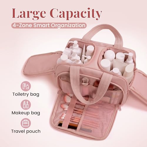 Travel Toiletry Bag Large Capacity with 4 Compartments Wet Dry Separation Pink - Lightweight & Spill-Proof