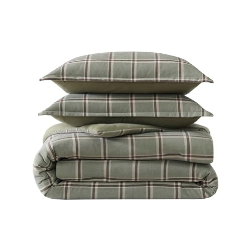 Queen Comforter Set with Shams - Alpine Plaid Green Flannel Bedding