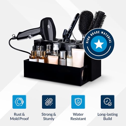 Hair Tool Organizer for Bathroom Vanity ? Blow Dryer Holder with Stainless Cups for Hair Dryer, Curling Iron & Straightener, Countertop Hot Tools Holder and Hair Tool Storage (BLACK)