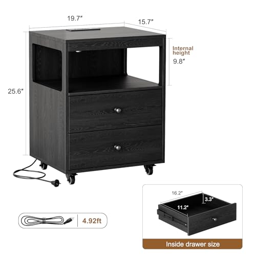 Black Bedroom Nightstand with Charging Station, 2 Drawers, Wheels
