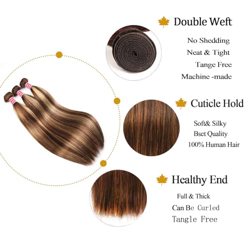 P4/27 Highlight Brown Blonde Human Hair Bundles with 4x4 Lace Closure - Ombre 3 Bundles 12 14 16 + 12 Inch Free Highlight