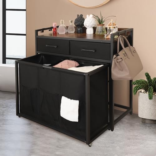 Rolling Laundry Sorter with Wheels 3-Section Hamper, 120L Capacity, with Shelves and Drawers