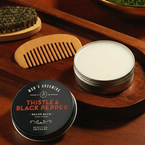 Scottish Fine Soaps Thistle & Black Pepper Collection, Luxury Men's Grooming Set with Woody Amber Fragrance, Soothing Milk Thistle Extract, 95ml Beard Balm