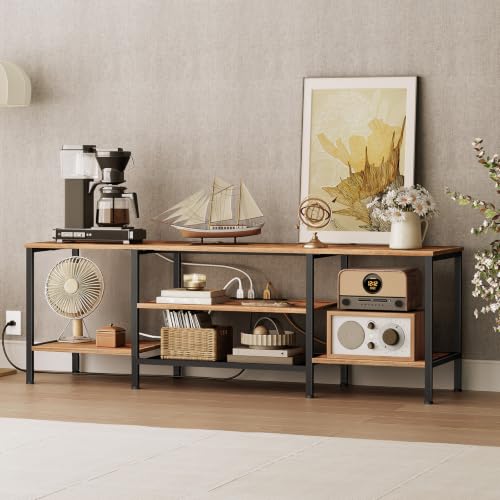 63 Inch Rustic Brown & Black TV Stand with Power Outlets - Open Storage Shelves