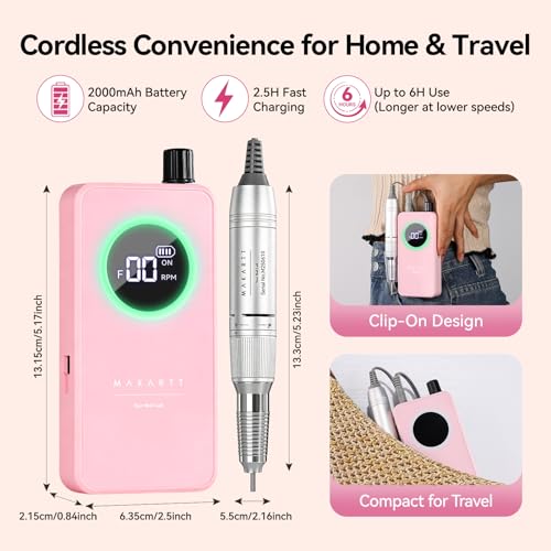 Makartt Pink Cordless Nail Drill for Beginners, Rechargeable E-File with 6 Bits