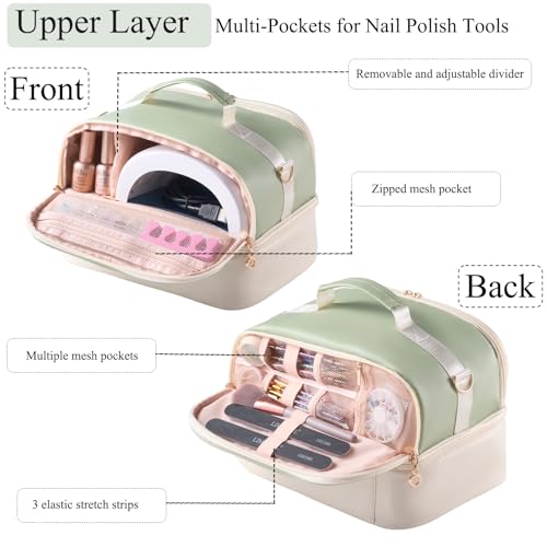Travel Nail Polish Organizer Bag Holds 35 Bottles & Nail Lamp - Green & Beige