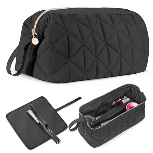 Hair Tools Travel Bag with Separate Heat Resistant Mat, Large Portable Organizer Bag for Women to Store Hair Dryers, Flat Irons, Curling Irons, Straighteners & Hair Accessories, Black