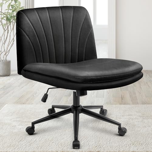 Orange Factory Criss Cross Chair Black PU Wide Leather Vanity Desk Seat - Adjustable Swivel