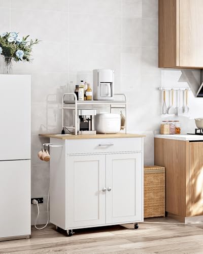 Kitchen Island Cart with Drop Leaf, Power Strip, Storage Cabinet & Drawer - White & Natural