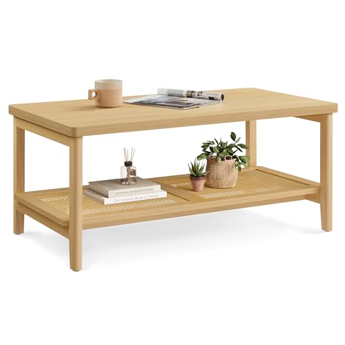 VASAGLE 2-Tier Coffee Table with PVC Rattan Storage Shelf - Oak Beige