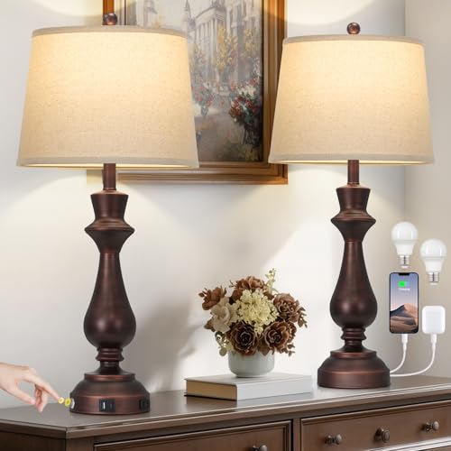 Vintage Brown Set of 2 Table Lamps with USB Charging & 3-Way Dimmable Touch for Bedroom & Living Room