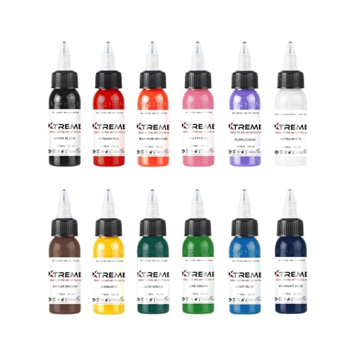Xtreme Inks Primary Color Set 12-Pack - 0.5 oz Vegan Tattoo Inks for Lifelike Artwork