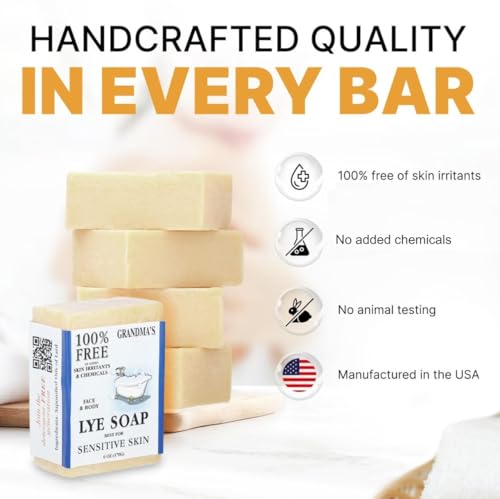 CLASSYONE Grandma's Pure Lye Soap Bar Bundle - Unscented Face & Body Wash for Sensitive Skin, Pack of 6