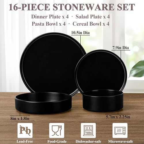 Herogo Matte Black 16-Piece Dinnerware Set for 4 - Includes 4 Dinner Plates, 4 Salad Plates, 4 Pasta Bowls & 4 Cereal Bowls