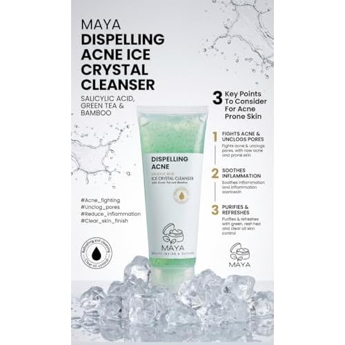 MAYA Ice Crystal Salicylic Acid Cleanser ? 2% BHA Acne Face Wash with Green Tea and Bamboo, Exfoliating Ice Scrub, Removes Dead Skin & Clears Pores ? 120 g