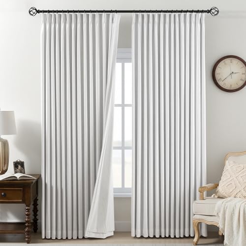 White Blackout Linen Curtains 95 Inches Long, Pack of 2 - Pinch Pleated, 40"W x 95"L
