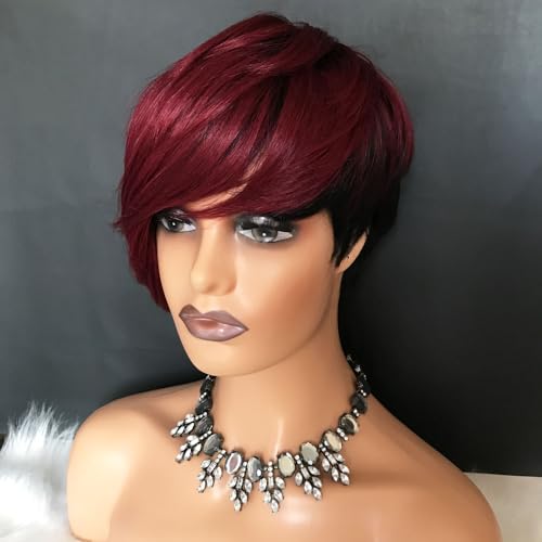 HOTKIS T1B/99J Pixie Cut Human Hair Wig with Side Bangs, Short Bob, Glueless, Natural Straight, Black Burgundy Two Tone for Women