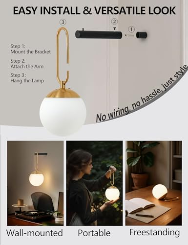 Battery Operated Wall Sconces Set of 2 Black & Gold Hanging Opal Glass - MSTETO