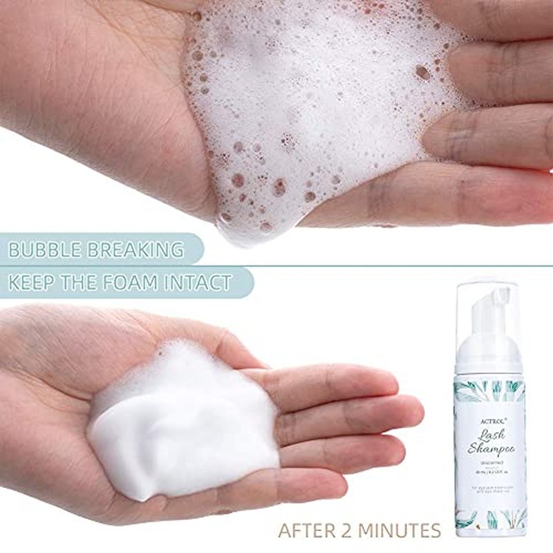 Eyelash Extension Shampoo Kit 60ml Unscented Lash Extension Cleanser with Lash Fan Black Professional Eyelid Foaming Cleanser Paraben & Sulfate Free Non-lrritating