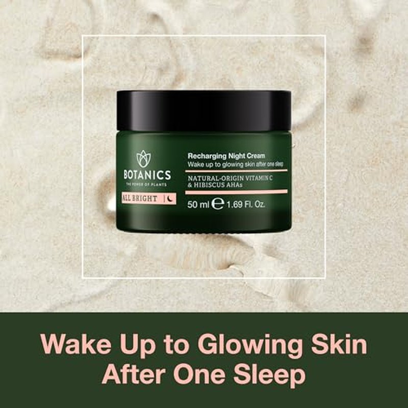 Botanics All Bright Recharging Night Cream - Vitamin C Face Moisturizer with Hibiscus AHA for Glowing Skin - Hydrating & Smoothing - Vegan & Cruelty-Free Face Cream for Women & Men (1.69 Fl Oz)
