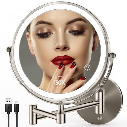 9-Inch Wall Mounted Lighted Makeup Mirror with 30X Magnification - Brushed Nickel