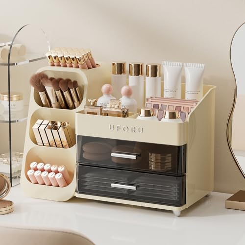 Cream White UFORU Makeup Organizer with Brush Holder for Vanity & Bathroom
