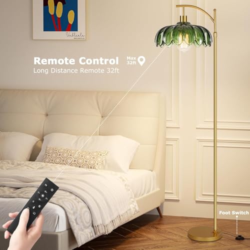 Dimmable Green Glass Floor Lamp with Remote - Mid Century Modern Brass Tall Arc Lamp, 02-Floor Lamp