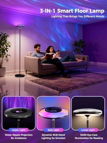 Smart RGB Floor Lamp with Ripple Projector, Adjustable Ambient Lighting