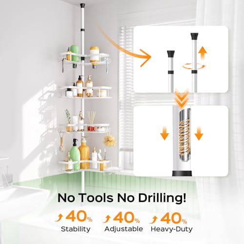 White 4-Tier Corner Shower Caddy - Tension Pole Bathroom Organizer, No Tools Needed