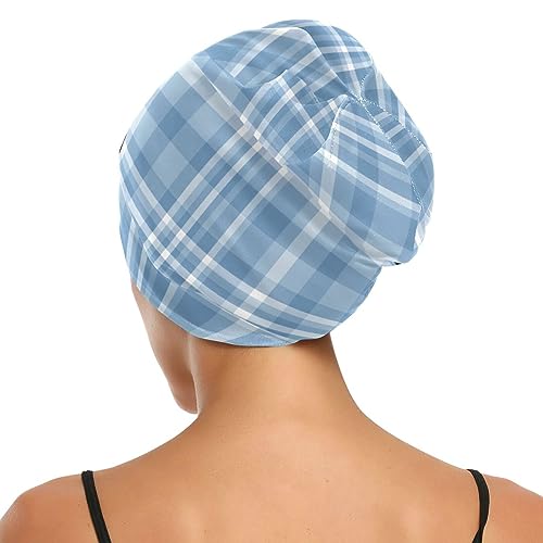Satin Bonnet Wrap for Sleeping - Lined Sleep Cap for Curly Hair Women & Men - Blue Plaid