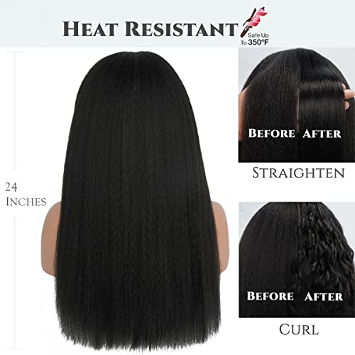 24 Inch Natural Black Kinky Straight Headband Wig - Glueless, Synthetic, for Black Women