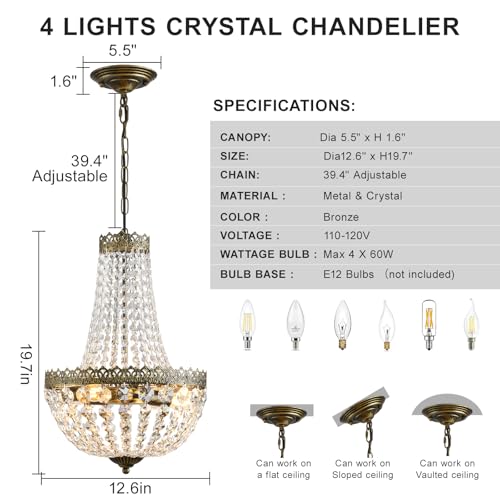 Mini Crystal Chandelier Pendant Light 19.7 H x 12.6 W Vintage Farmhouse Ceiling Fixture for Bathroom Living Room Bedroom Antique Brass E12