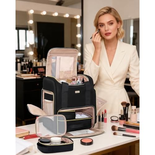 Large Travel Makeup Bag with 2 Removable Case, Dual-Shoulder Multi-Functional Cosmetic Bag,Double Layer Big Capacity, Portable Toiletry and Skincare Storage Pouch Black