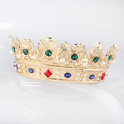 Small Size Baroque Royal Crown Men’s Hair Crown with Green Stone - Gold Finish