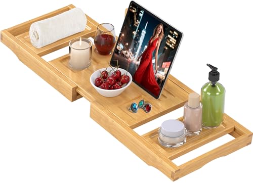 Promitop Natural Bamboo Expandable Bathtub Tray Caddy - Spa-Style Bath Accessory