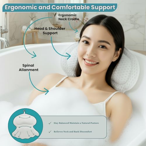 White Bath Pillow for Tub - Luxury Head & Neck Support, Non-Slip Suction