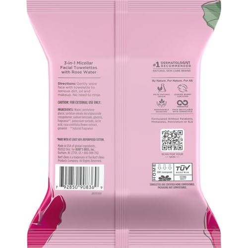 Burt's Bees Facial Towelettes, Micellar with Rose Water, All Skin Types, 30 ct Pack of 2 | Pre-Moistened | 99.5% Natural Origin