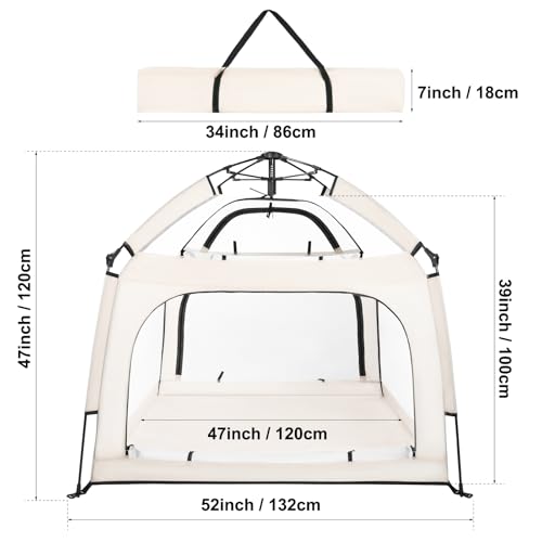 Baby Playpen with Canopy - Square Toddler Beach Tent, Beige, Portable & Foldable