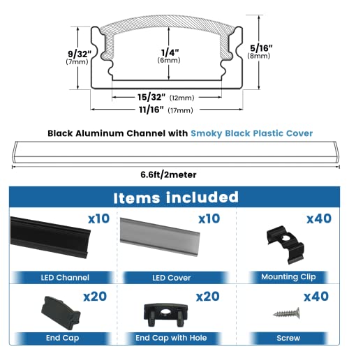 LED Strip Channel with Smoky Cover 2M 6.6FT Black Aluminum Profile for Lights - Variation of 2M 10P